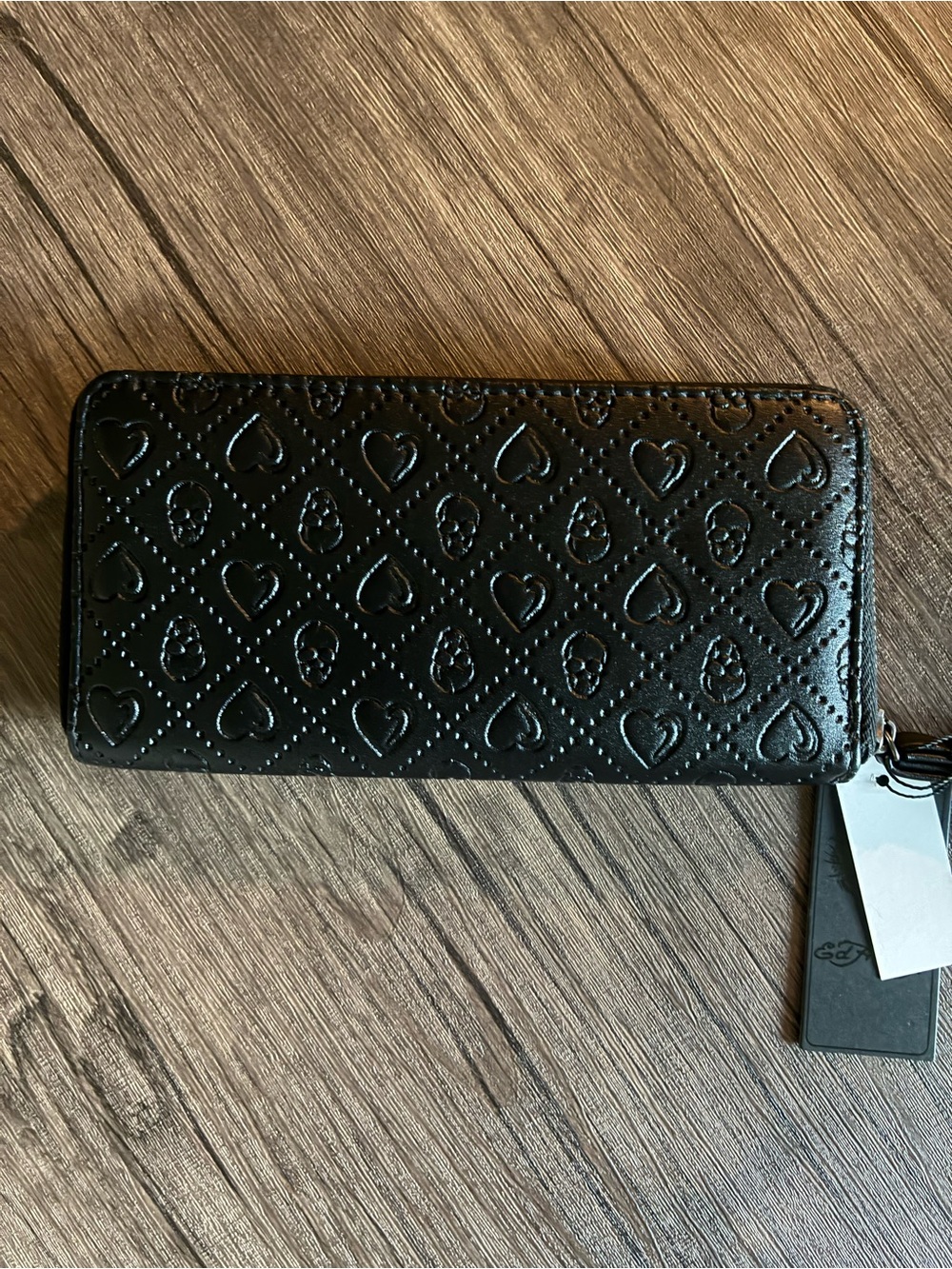 Ed Hardy Black Quilted Heart and Skull Wristlet Wallet with Stud Detail - Picture 2 of 9